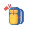Vector illustration of a large hiking backpack in a flat style with 3 red flags for archeology. Icon for researchers and design