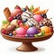 Vector illustration of a large ice cream platter with various scoops of ice cream, fruit and topping, white background, printable
