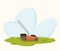 Vector illustration of a lawn mower on a field or backyard, cartoon landscape with grass and sky