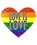 Vector illustration for LGBT or LGBTQI community Pride month: Rainbow flag in a distressed heart shape and text Love is Love.