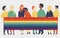 Vector illustration of lgbt people holding a rainbow flag. Banner with gay and lesbian couples with rainbow flag