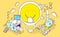 Vector illustration of light bulb and three dimensional mechanism with conveyor and robotic hand on yellow background. Generation