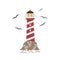 Vector illustration of a lighthouse on a rock. Seagulls and waves of the sea. Insulation over white. Sign, symbol