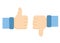 Vector illustration of like and dislike icons. Thumbs up and thumbs down symbols on white background in flat style.