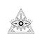 Vector illustration line art mystic eye tattoo. Providence sight amulet in triangle. Evil eye geometric ornament