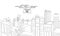 Vector illustration of a line drawing of a drone flying over the city. The concept of introducing technology into people`s lives,