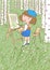 Vector illustration of little artist girl painting picture on an easel in birch grove on camomiles meadow