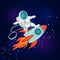 Vector Illustration of little astronaut surfer rides on spaceship through the space. Children`s wallpaper in the space style.