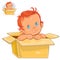 Vector illustration of little baby with white skin sitting in box.