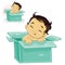 Vector illustration of little baby with yellow skin sitting in box.