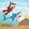 Vector illustration of Little bear and shark diving in undersea adventure on a background of beautiful blue water