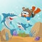 Vector illustration of Little bear and shark diving in undersea adventure on a background of beautiful blue water