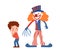 Vector illustration of little boy afraid of clown with red eyes and a claw for a hand, kid crying scared of creepy face