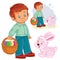 Vector illustration of a little boy with a basket for Easter hunting next to the Easter bunny.