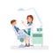 Vector illustration of little boy in dentist office. Medicine, dental concept. Pretty doctor woman and child patient in