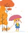 Vector illustration little cute girl under umbrella,rainy autumn day,cartoon design