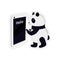 Vector illustration with a little cute panda that stands next to a huge smartphone and writes hello