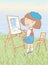 Vector illustration of little girl painting in open air on seacoast