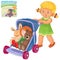 Vector illustration of a little girl rolls the stroller with her toys