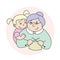 Vector illustration of a little granddaughter hugging grandmother, elderly lady knitting