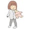 Vector illustration of little kid girl holding and hugging bunny doll. Early childhood development, child playing, happy