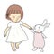 Vector illustration of little kid girl and rabbit holding hands & walking together. Happy easter & children day, holiday greeting