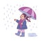 Vector illustration of little kid girl under umbrella in autumn in sketch style.