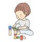 Vector illustration of little kid playing building wooden blocks by staking, assembling. Early childhood development activity