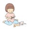 Vector illustration of little kid sitting on floor and cutting paper into small pieces with scissor. Early childhood development