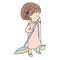 Vector illustration of little kid sweeping with broom and dustpan. Early childhood development activity - child help parent