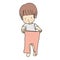Vector illustration of little kid trying to wear trousers by self. Early childhood development - dressing skill, self care