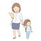 Vector illustration of little kids carrying school backpack walking to school with mother. Early childhood development, first day