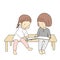 Vector illustration of little kids sitting and reading story book together. Early childhood development activity, education