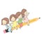 Vector illustration of little kids sitting together on yellow wooden pencil. Welcome back to school card, postcard, banner