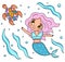 Vector illustration little mermaid chasing sea turtle under water. Colored marine life cartoon character