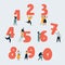 Vector illustration of little people with numbers. Tiny people with one, two, thee, four, five, six, seven, eight, nine