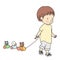 Vector illustration of little toddler pulling colorful wooden animal pull along train toy. Early child development activity