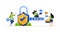 Vector illustration of locking down security. Ultimate defense on shield shaped padlock with key and password. Protecting and