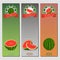Vector illustration logo for whole ripe red fruit watermelon, green stem, cut half, sliced slice berry with red flesh.