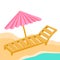 Vector illustration with lounger, umbrella, ocean shore and sun. Postcard, hello from vacation, poster, poster, post splash, cute