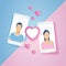Vector illustration love couple in mobile phone sent pink heart and love gift, design for Valentine`s day in paper art style.