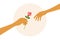 Vector illustration of love, dating, romantic relationship with human hand holding out flower