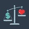 Vector illustration of love or money balanced on dark background. Heart, dollar and scale.