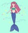 Vector illustration of lovely mermaid with long red hair and blue fish tail isolated on a turquoise background.