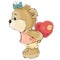 Vector illustration of a loving brown teddy bear girl hiding behind her plush red heart and about to kiss someone