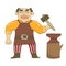 Vector illustration of a male blacksmith with a hammer and anvil. Gloomy, severe, holds a hammer, in a yellow shirt, in an apron,