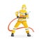 Vector illustration Male firefighter put out fire with water hose