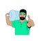 Vector illustration a male loader carries a big bottle of water on his shoulder, a bearded man lifted a thumbs up