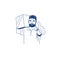 Vector illustration a male loader carries a box on his shoulder, a bearded man lifted a thumbs up