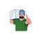 Vector illustration a male loader carries a box on his shoulder, a bearded man lifted a thumbs up